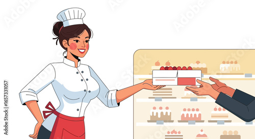 Bakery scene featuring female chef handing cake box to customer for selling