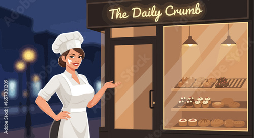 Bakery storefront with welcoming woman in chef's hat in the evening
