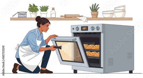 Baking enthusiasm, a young woman checks baking bread inside an oven