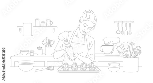 Baking scene featuring a woman decorating cupcakes in a kitchen setting