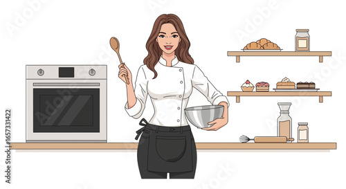 Cartoon woman baker in kitchen preparing baked goods with baking tools