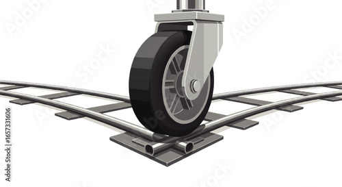 Industrial caster wheel at a metal track junction, a concept of choice, decision, and crossroads.