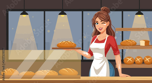 Charming bakery girl presenting fresh bread with a cheerful wink gesture