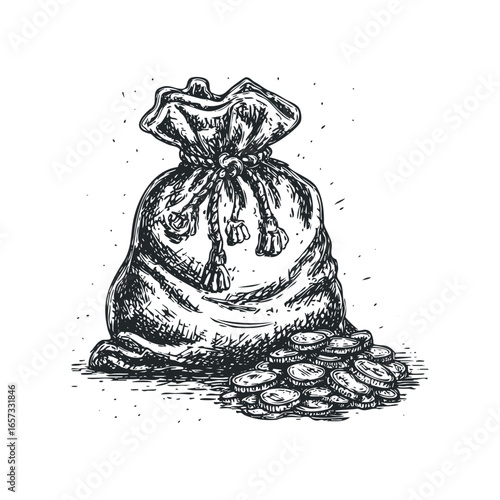 Vintage Drawing of a Cloth Money Bag with Scattered Coins on a White Background