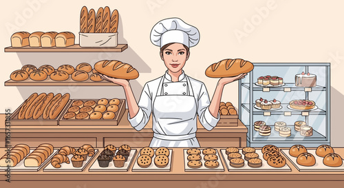 Charming bakery illustration showcasing a friendly baker and delectable treats