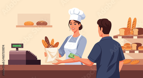Charming bakery scene depicting a baker selling fresh bread to a customer