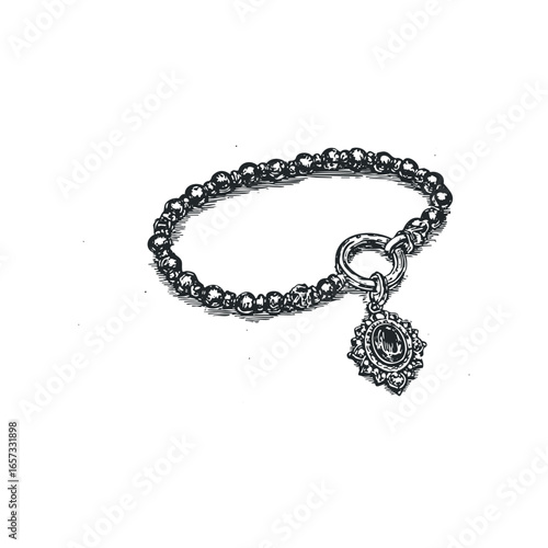 Detailed sketch of a beaded bracelet with a dangling oval pendant