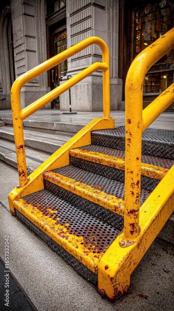 Yellow metal steps with rust, leading up to a building Yellow metal steps with rust, leading up to a building