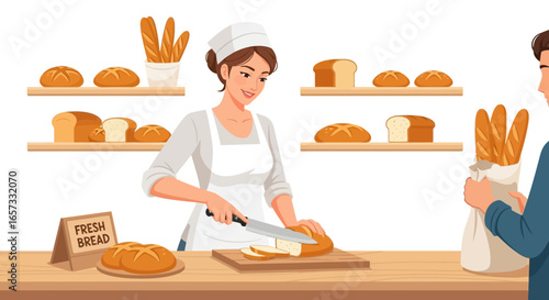 Charming bakery scene with fresh bread and friendly service illustration