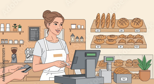 Charming bakery scene with friendly cashier and variety of fresh pastries