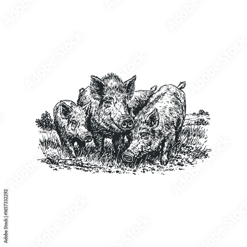 Three wild pigs foraging in grassy terrain with sketchy linework
