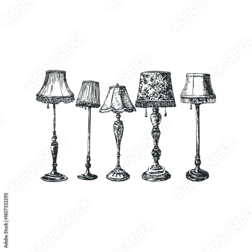 Group of five ornate antique floor lamps depicted in sketch style