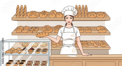 Charming female baker presents fresh bread in a cozy bakery interior scene