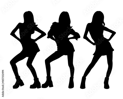Silhouette of female idol group, group of beautiful women dancing, icon isolated on white background	