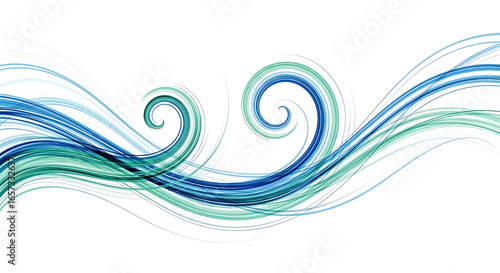 Abstract swirls of blue and green lines on a white background creating a flowing wave pattern design