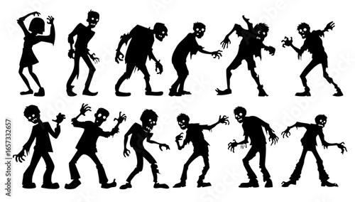 Collection of Silhouetted Zombie Characters in Various Poses