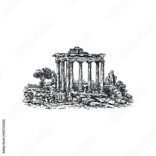 Ruined ancient temple with columns and stone debris sketch