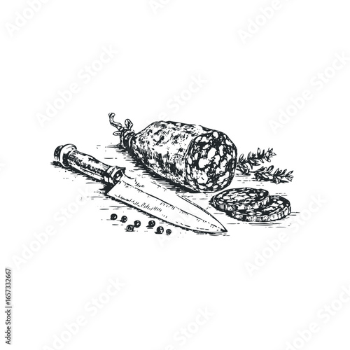 Hand drawn sketch of salami sausage, knife, and peppercorns on white background