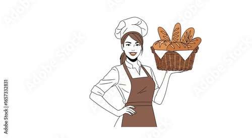 Cheerful baker presents fresh baguettes in a charming basket on white canvas