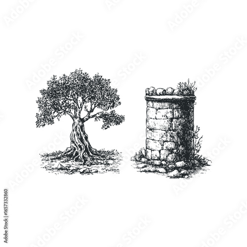 Detailed pen and ink drawing of an ancient olive tree with exposed roots and a stone pillar with greenery