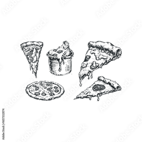 Hand Drawn Sketch of Delicious Pizza Slices and Whole Pie
