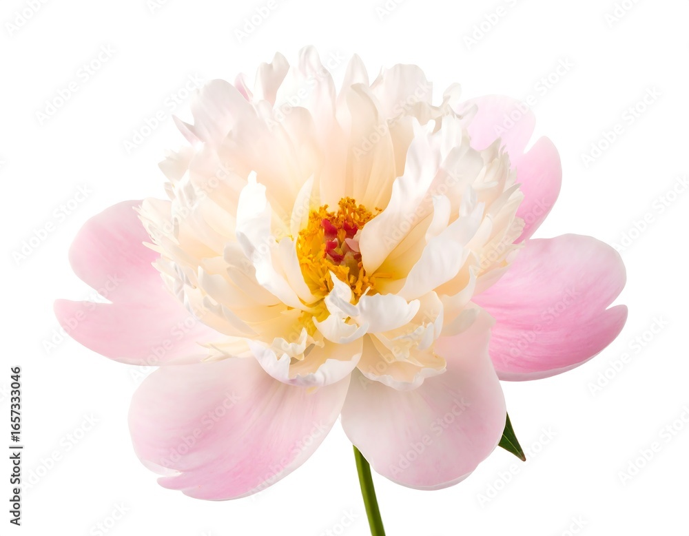 Fototapeta premium A single, pale pink peony blossom isolated on a white background
