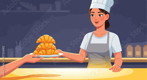 Cheerful pastry chef serving a stack of croissants to a customer