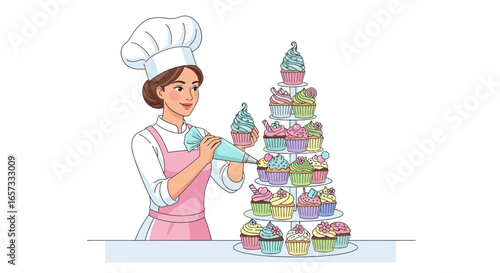 Chef creating a tower of assorted cupcakes with colorful decoration