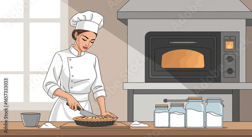 Chef preparing a freshly baked pie in a commercial kitchen environment illustration