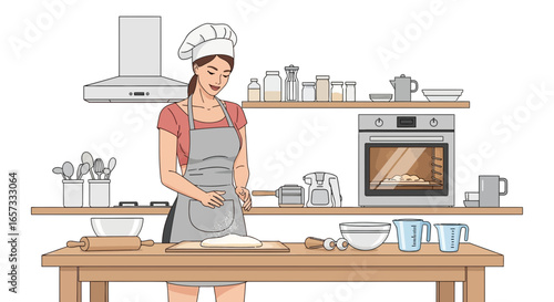 Chef Preparing Dough in Kitchen with Baking Ingredients and Appliances