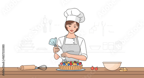 Chef preparing fruit tart in the kitchen showcases culinary artistry and design