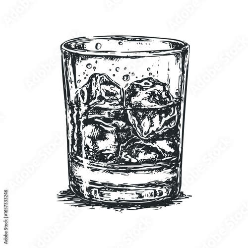 Sketch of Whiskey Glass Filled with Ice Cubes and Liquid