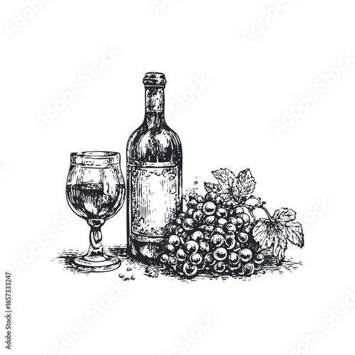 Woodcut style bottle and glass with ripe grapes and leaves
