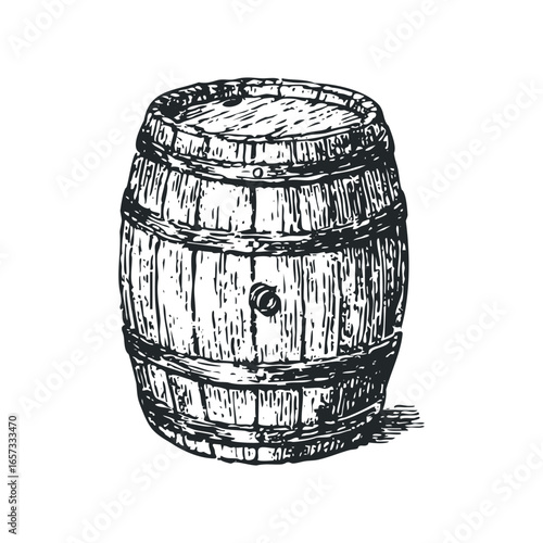 Vintage wooden barrel with metal hoops and spigot on white background