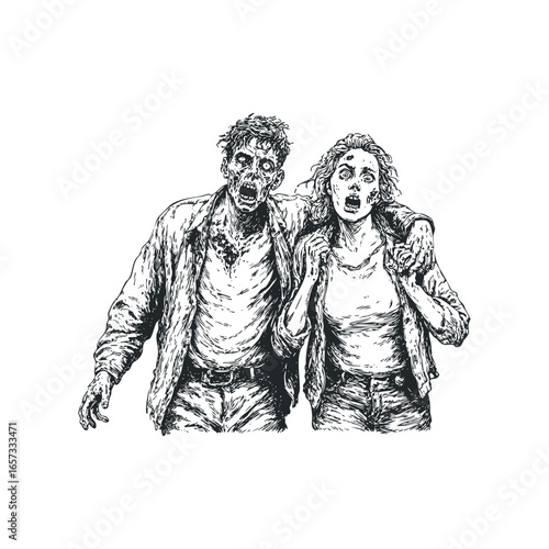 Two frightening undead figures with gaping mouths and vacant eyes stumble forward with arms around each other