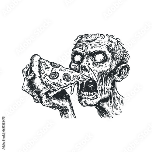 Monstrous creature devours a slice of dripping cheese pizza