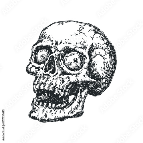 Detailed black and white sketch of a human skull with expressive eyes