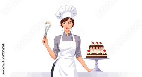 Elegant Chef with Whisk and Tempting Strawberry Cake Celebration