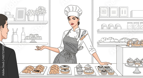 Elegant bakery shop illustration featuring a smiling pastry chef and customer