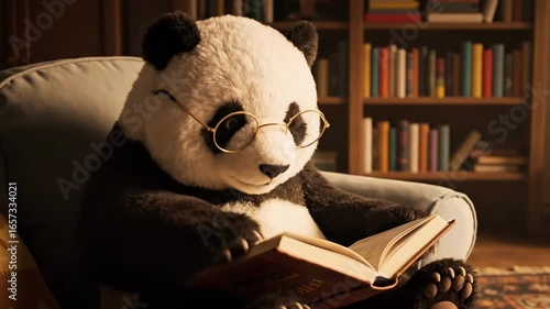 Panda is reading a book in the library