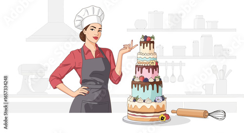 Elegant woman chef presenting a majestic layered cake with fruit toppings