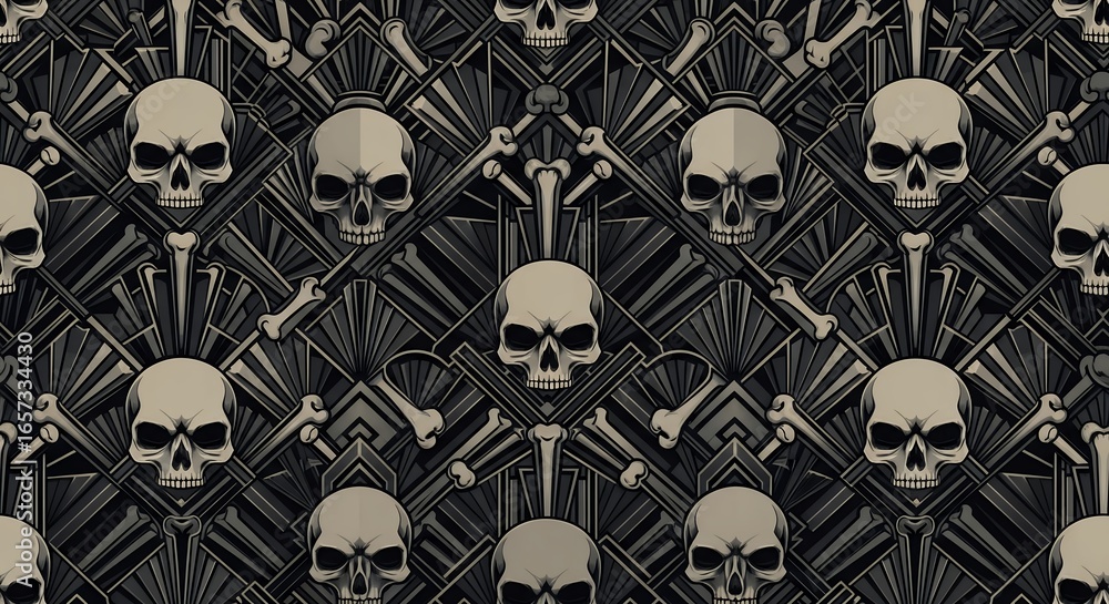 Grayscale pattern with skulls and bones in art deco style arrangement, concept for Halloween backgrounds, gothic designs and spooky posters Grayscale pattern with skulls and bones in art deco style arrangement, concept for Halloween backgrounds, gothic designs and spooky posters