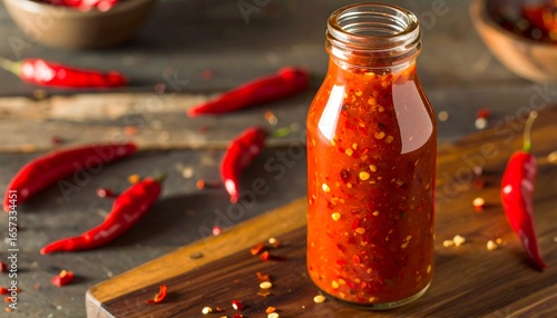 A vibrant, glass bottle of hot chili sauce sits on a wooden surface, surrounded by fresh chili peppers.
