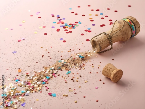 Champagne cork and colorful confetti scattered on a pink background