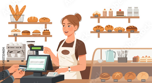 Friendly bakery owner serving customer with a smile at the checkout counter