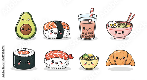 Kawaii food illustration featuring avocado sushi bubble tea ramen and croissant with cute smiling faces