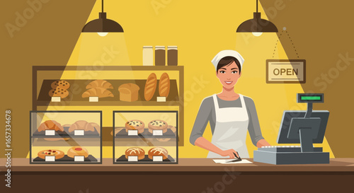 Friendly bakery staff serving customers with fresh bread and pastries