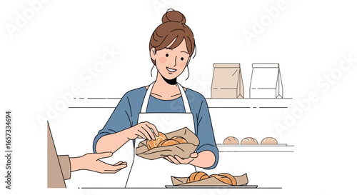 Friendly bakery worker serving fresh bread to a customer with a smile