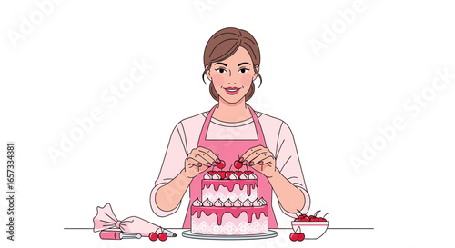 Happy woman adorning a beautiful two-tier cake with fresh cherries