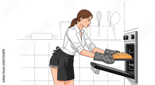 Home baker carefully removing freshly baked bread from the oven